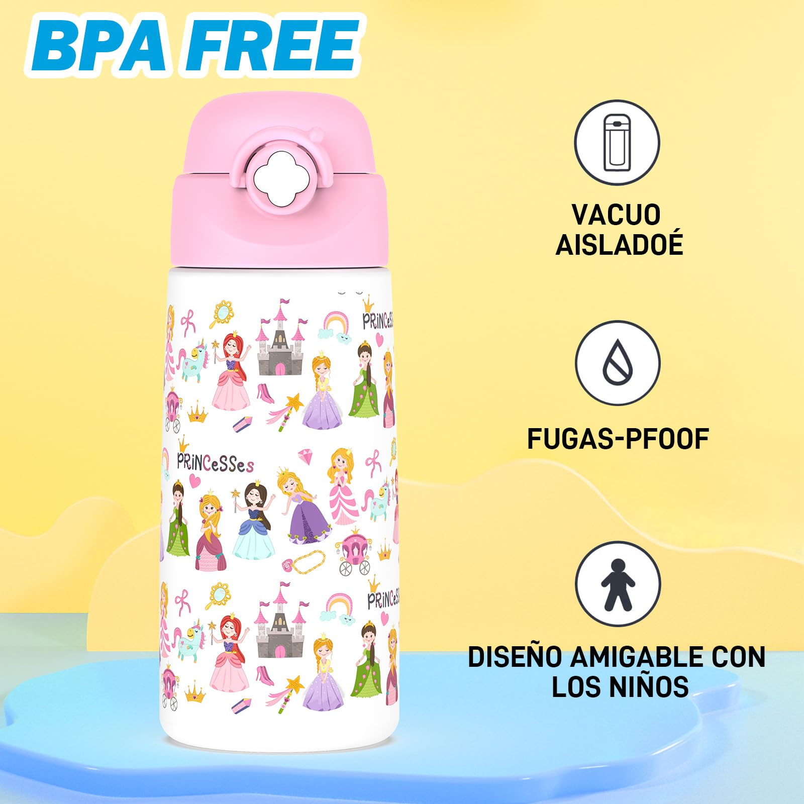 Botella De Agua Aislada Para Niños Con Pajita Desplegable,500 Ml,taza Infantil De Acero Inoxidable,a Prueba De Fugas-sin Bpa,para La Escuela,niñas（Princesa）