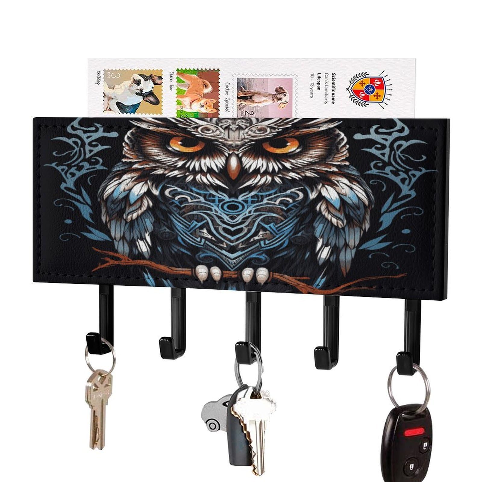 Fekiloot Black-Style Owl Key Holder Wall Mount Key And Mail Holder Key Hanger With 5 Hooks Decorative Pu Key Rack Hanging Key Hooks For Wall Living Room Kitchen Bathroom Hallway