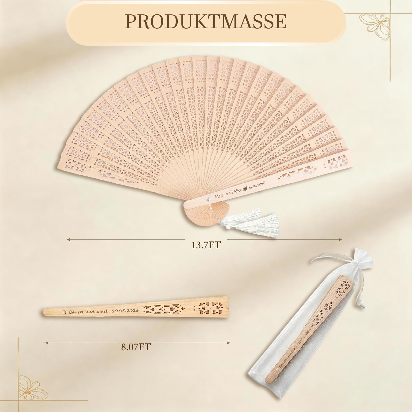 Fächer für Hochzeitsgäste Personalisiert für Gastgeschenke | Texte Personalisés, Bois, Souvenir, Éventails Pliables avec Sacs en Organza, Cadeau Invité Mariage pour Fêtes