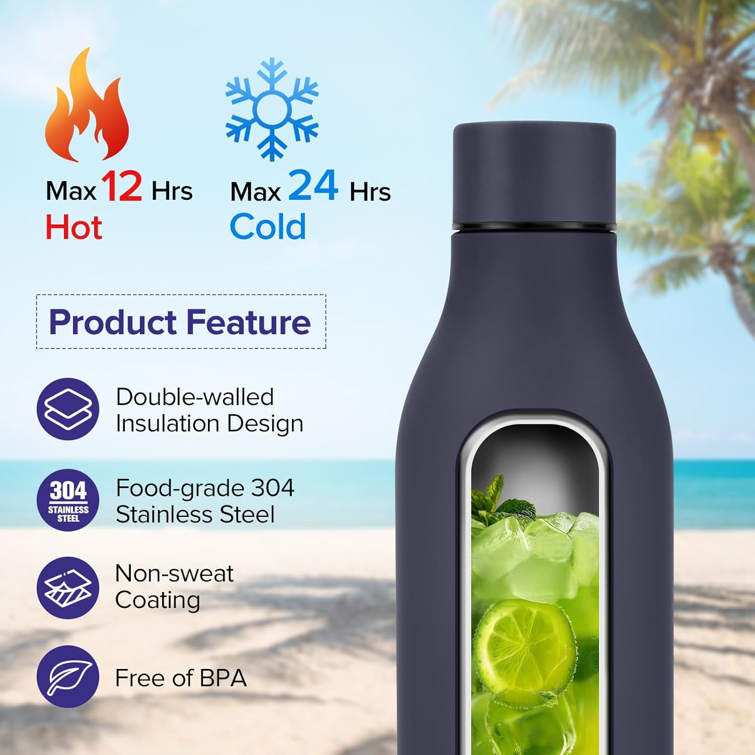 Insulated Metal Water Bottle, 18 oz Stainless Steel Leak-Proof Gym Water Bottle with Lid for Men Women (Dark Blue) - Image 2