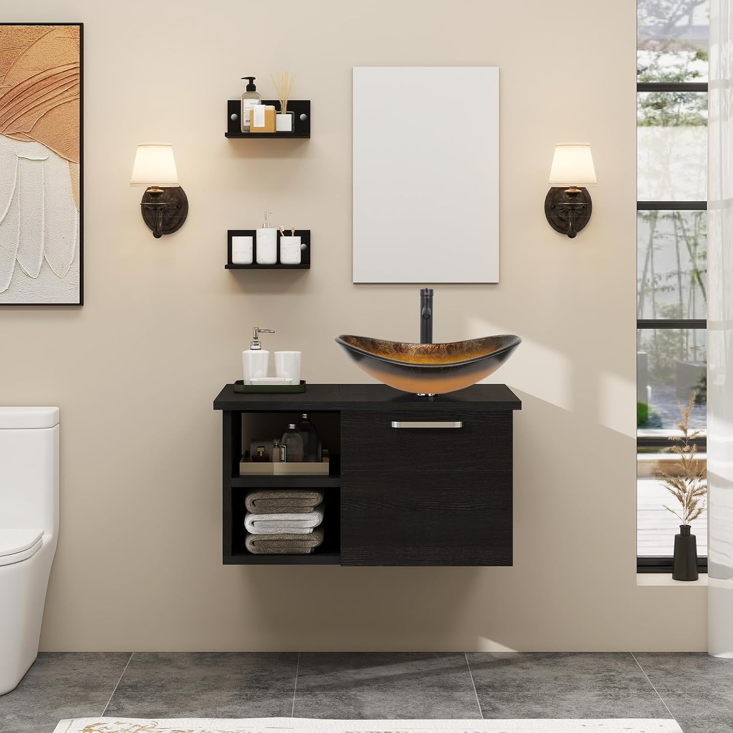 YOURLITE 28" Wall Mounted Bathroom Vanity Modern Lavatory Wood Cabinet with Mirror Blue Boat Tempered Glass Sink Combo Vanities Set