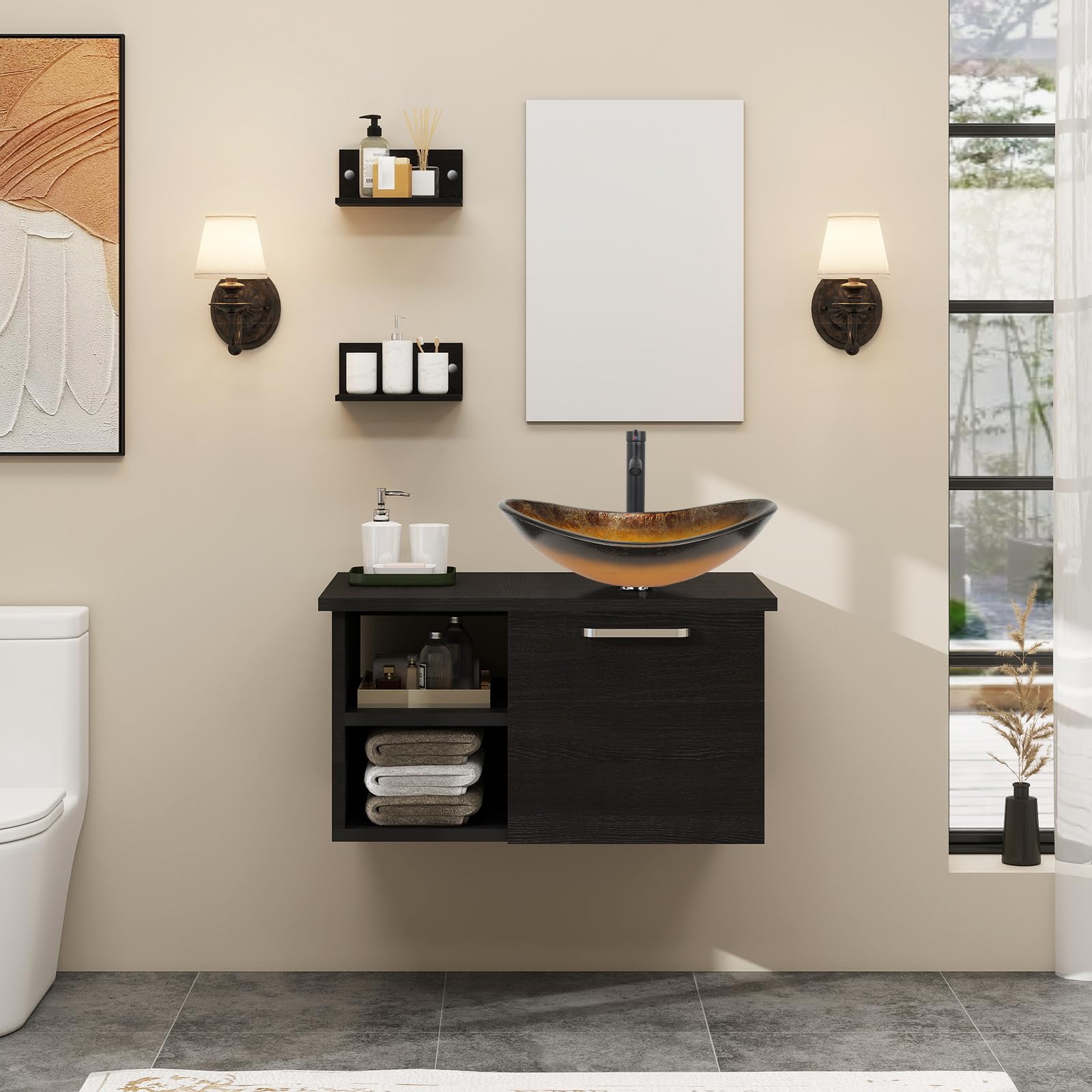 YOURLITE 28" Wall Mounted Bathroom Vanity Modern Lavatory Wood Cabinet with Mirror Oval Gold Boat Tempered Glass Sink Combo Vanities Set