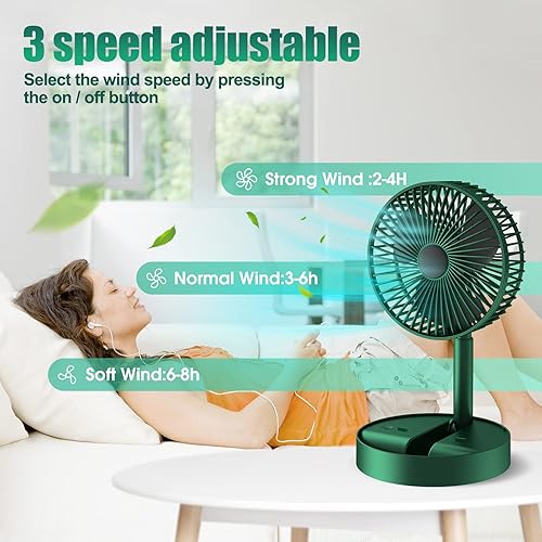 Miniatura 4 de MAESHOP Ventilador de escritorio portátil de 3 velocidades silencioso plegable recargable funciona con pilas USB para oficina viajes hogar