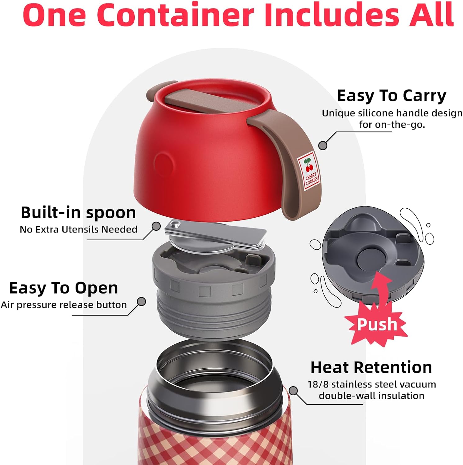 2 Pack Insulated Food Jar 26oz & 18oz, Thermo for Hot Food Vacuum Insulated Soup Container, Leak-Proof Stainless Steel Food Jar with Spoon, Cute Stylish Design for School Office Travel (Red)