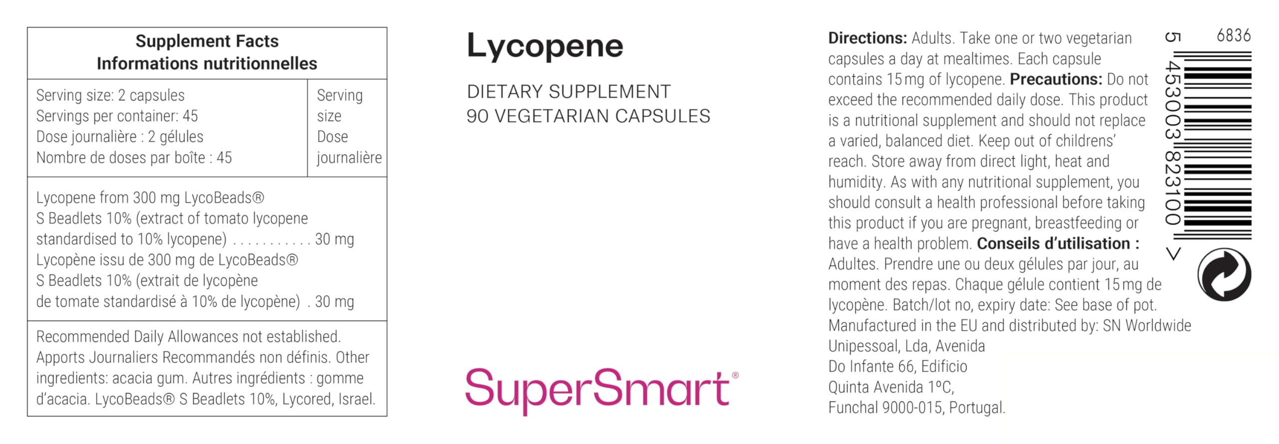 Lycopin - Antioxidativer Stress - 10% konzentrierter Tomaten-Lycopin-Extrakt - Vitamin E - Stimuliert die Blutzirkulation - Vegan - Glutenfrei - SuperSmart