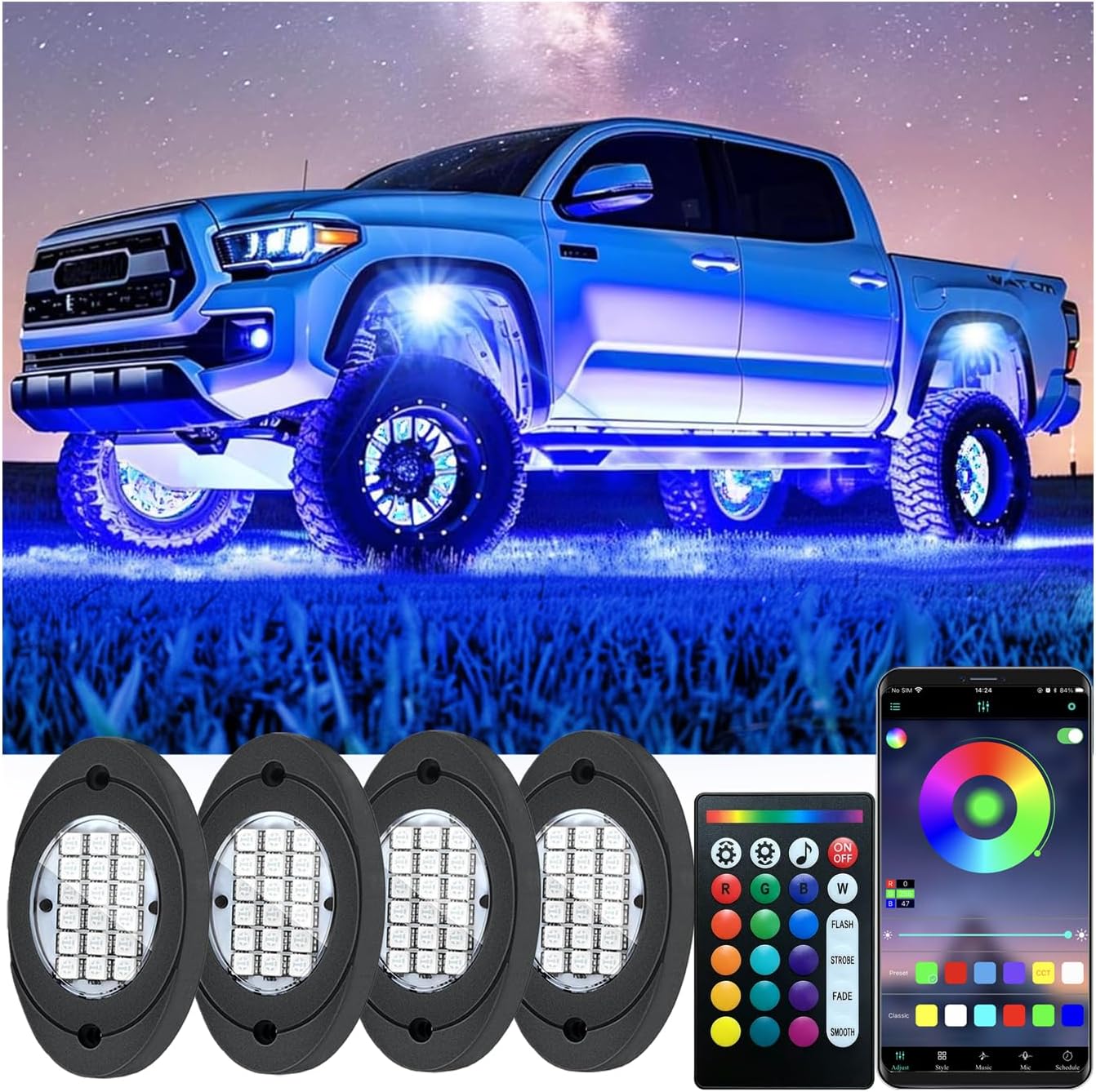 4 Pods RGB LED Rock Lights, Underglow Multicolor Neon Light Kit, Wheel Well Light with Remote Control & APP Control Music Mode, Under Glow Lights for Trucks,SUV,Jeep,Golf Cart,ATV,Pickup Off Road,12V