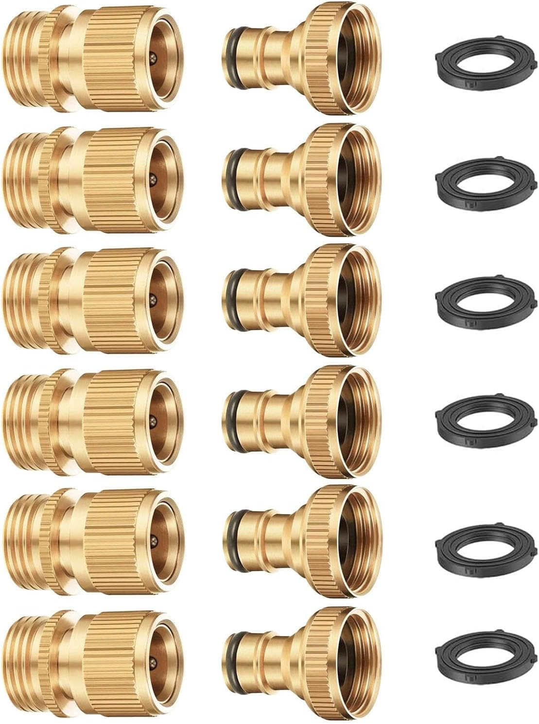Garden Hose Quick Connector, Solid Brass 3/4 Inch Thread Fitting No-Leak Water Hose Female and Male Easy Connect (6 Sets)
