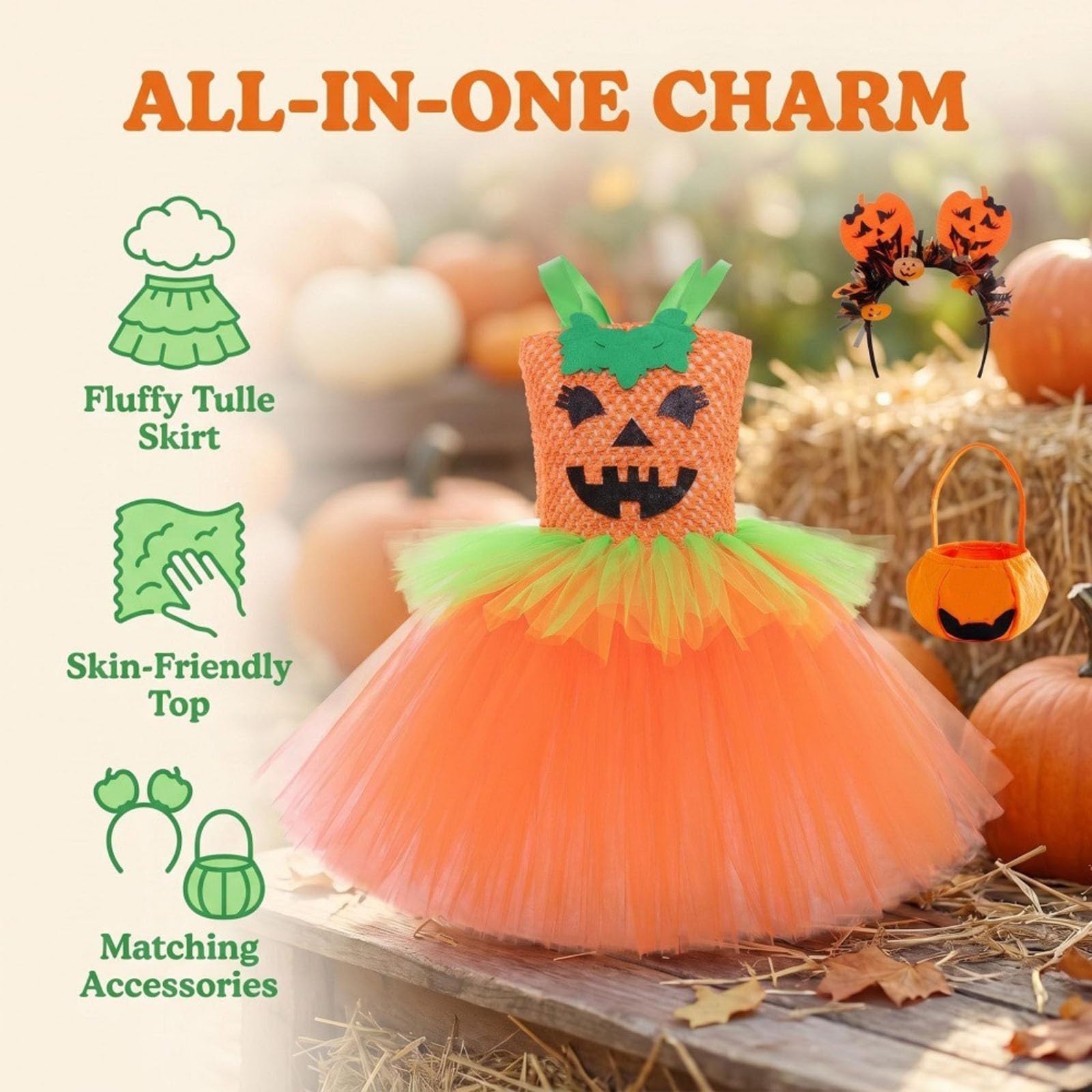 Generisch Incantevole abito da zucca per Halloween con gonna larga per spettacoli e feste
