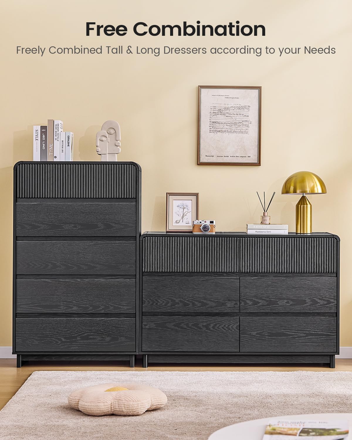 AOGLLATI Mid Century Modern 5 Drawer Dresser for Bedroom, 45" Tall Wood Fluted Dressers & Chests of Drawers with Curved Profile Design for Bedroom,Black