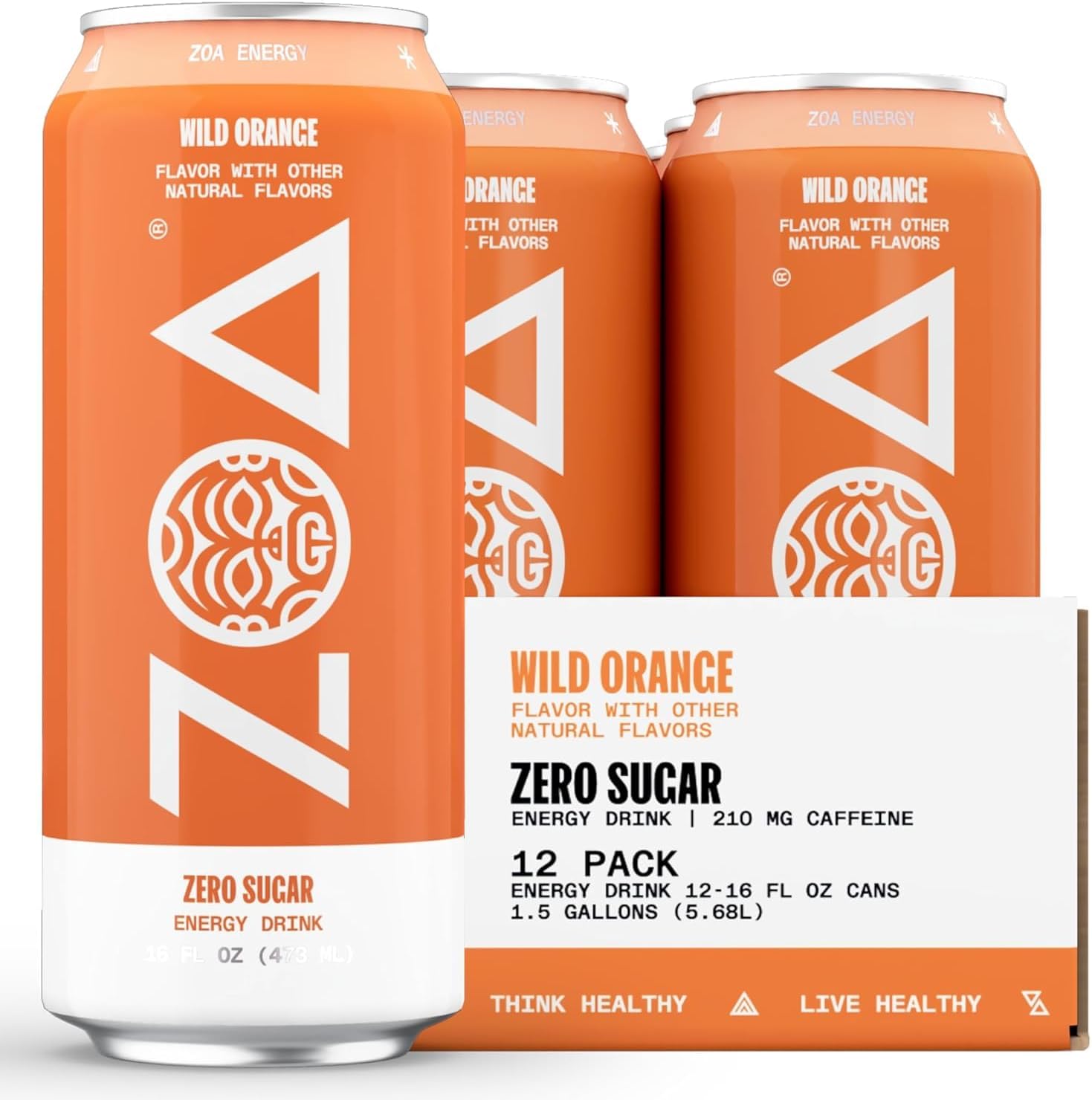 ZOA Zero Sugar Energy Drinks, Wild Orange - Sugar Free with Electrolytes, Healthy Vitamin C, Amino Acids, Essential B-Vitamins, and Caffeine from Green Tea - 16 Fl Oz (12-Pack)