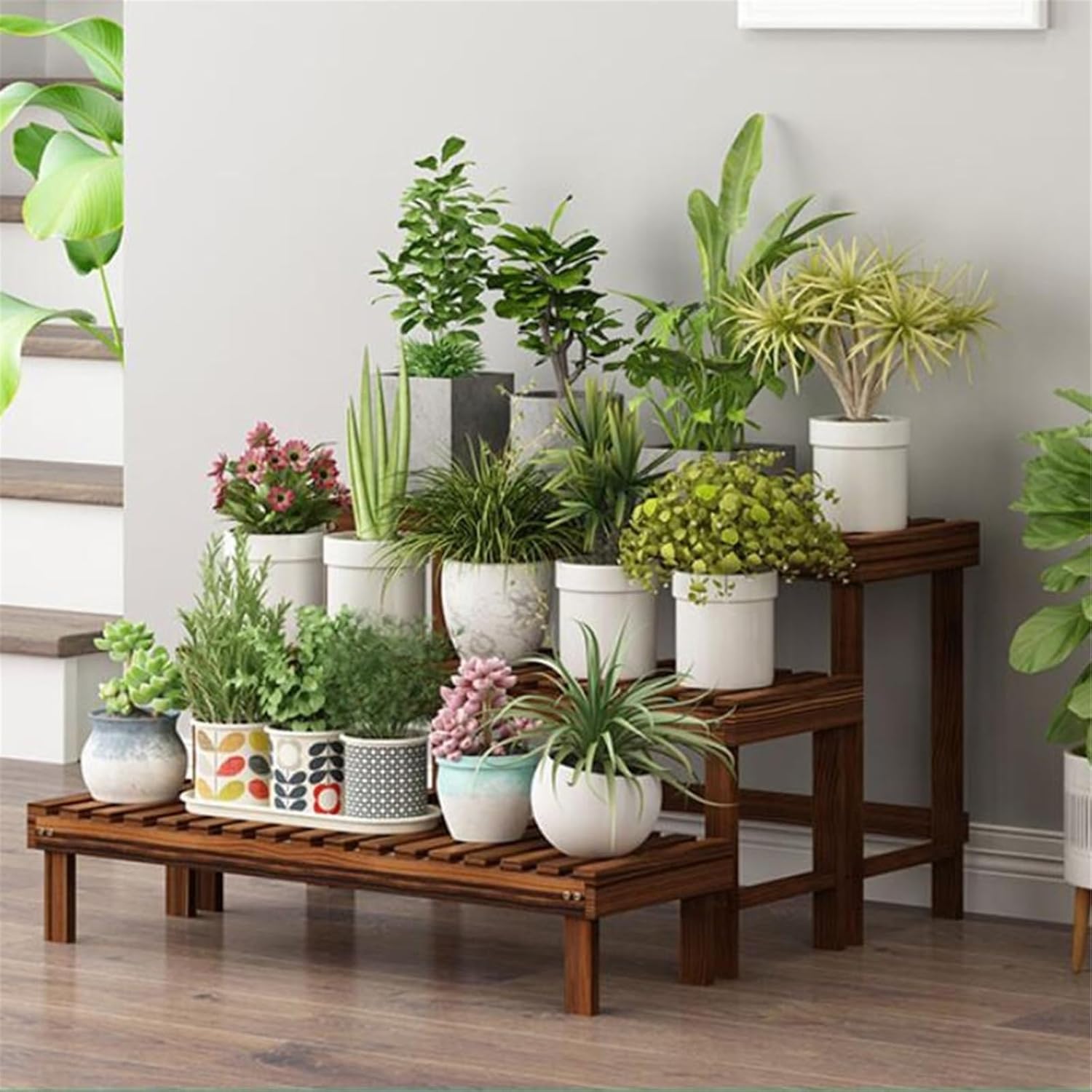 Wood Multi-Tier Flower Stand Balcony & Indoor Plant Stool for Succulents Decorative Pots Floor Plant Rack Strong Load-Bearing Capacity(Brown,58 * 25 * 30cm)