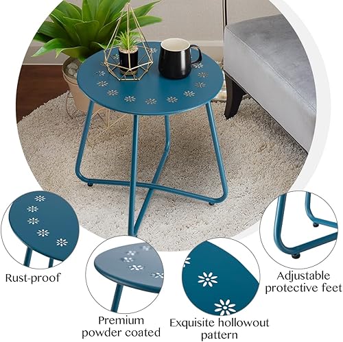 Miniatura 5 de danpinera Mesas auxiliares para exteriores con recortes de flores, mesa auxiliar de acero resistente a la intemperie, mesa auxiliar redonda pequeña
