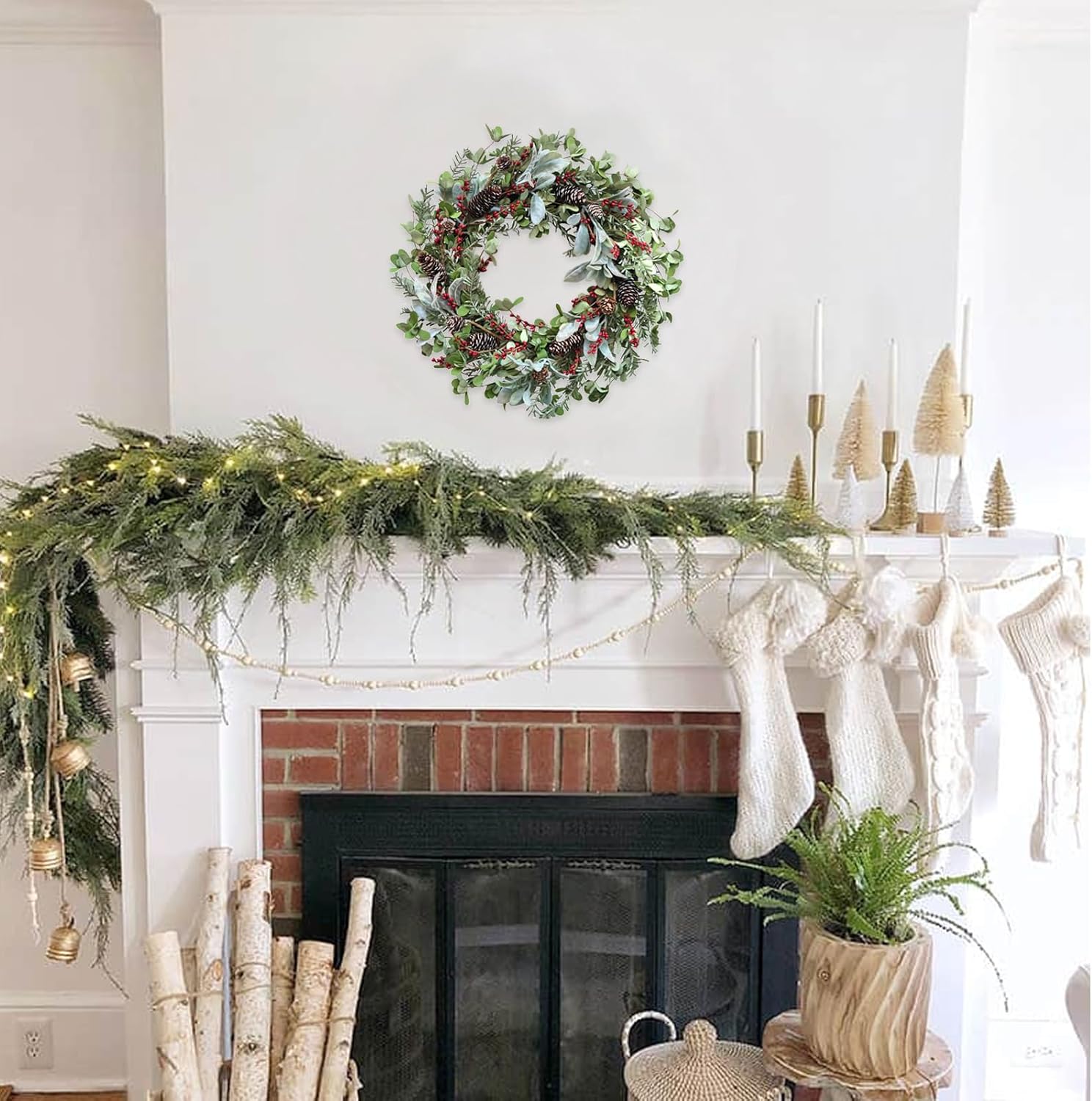 Bibelot 22 Inch Christmas Wreath for Front Door, Xmas Wreath with Lamb Leaves, Pine Cones, Red Berries,Winter Spring Decorations Natural Wreath for Indoor Outdoor Window Wall Festival Home Decor - Image 6