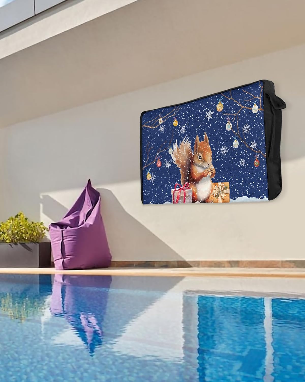 Outdoor TV Cover - Christmas Watercolor Squirrel with Xmas Gifts Blue Waterproof and Weatherproof 36"-39" LCD Movable Shield TV Display Screen Protector Outside Television Covers