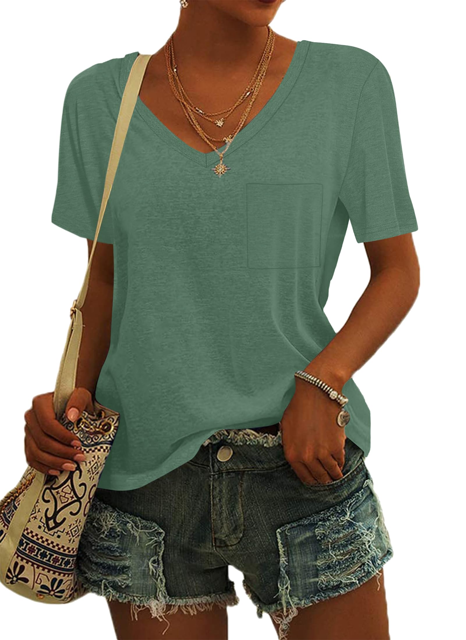 MOLERANI Damen T-Shirts Kurzarm V-Ausschnitt Lose Sommer T-Shirts Basic Tunika Tops mit Tasche