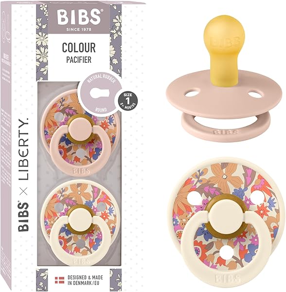 BIBS Liberty Pacifier | 2 Colour Natural Rubber Latex Soothers | Size 1 (0-6 Months) BPA Free Dummy Pacifier | Round Nipple | Designed & Made in Denmark | June Blossom Blush Mix - 1