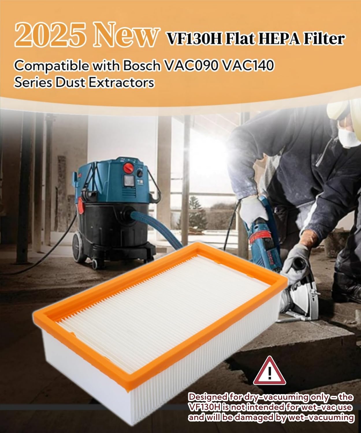2026 Upgraded VF130H Flat HEPA Filter Compatible with Bosch VAC090/VAC140 Series Dust Extractors,only for dry-vacuuming