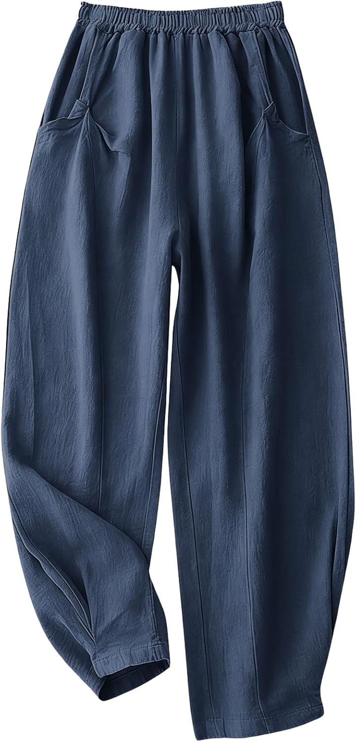 Women Casual Linen Pants Lightweight Elastic Hogh Waist Lounge Beach Summer Pants Slacks Y2K Streetwear with Pockets