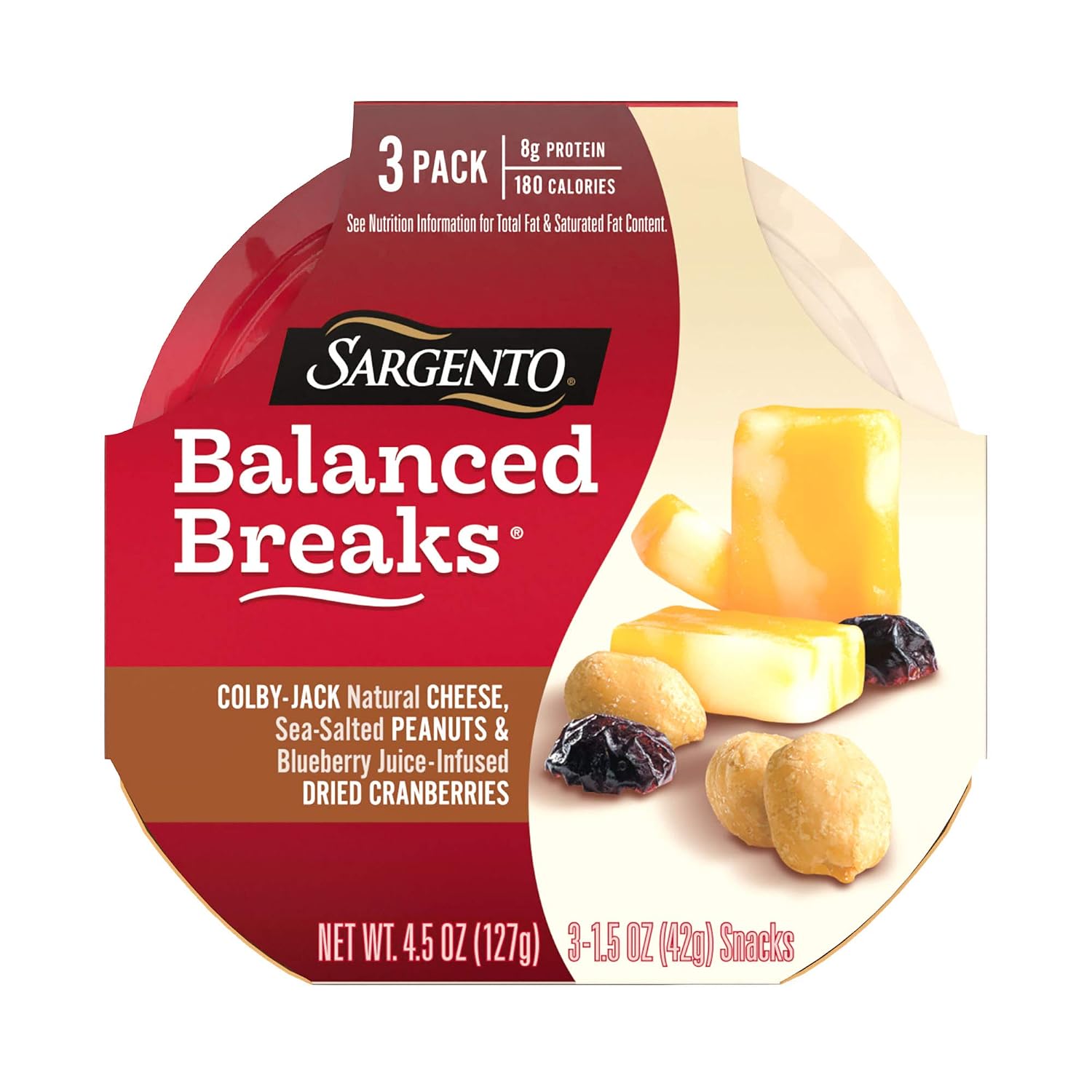 Sargento Balanced Breaks Colby-Jack Natural Cheese with Sea-Salted Peanuts and Blueberry Juice-Infused Dried Cranberries, 1.5 oz, 3-Pack