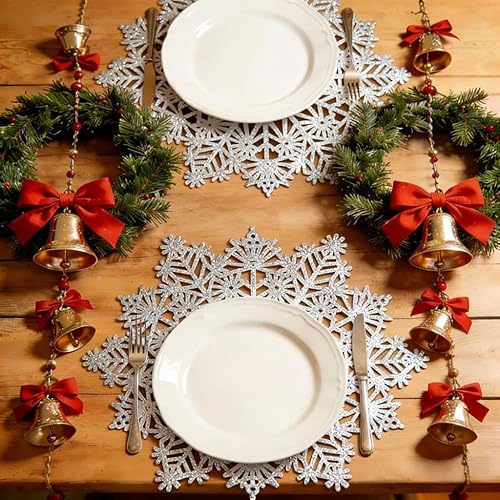 Miniatura 14 de Juego de 6 manteles individuales de Navidad, diseño de copos de nieve, impermeables, de PVC, vintage, fiestas, inauguración de la casa, manteles