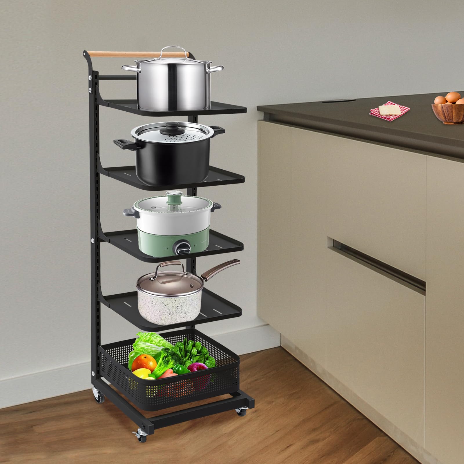 LyeXD 5-Tier Pot and Pan Organizer Rack, Floor Mount Pot Rack Kitchen Cabinet Organizer Corner Cabinet Organizer w/Wheels, Rolling Pot Storage Rack with 360°Swivel Casters (Black)