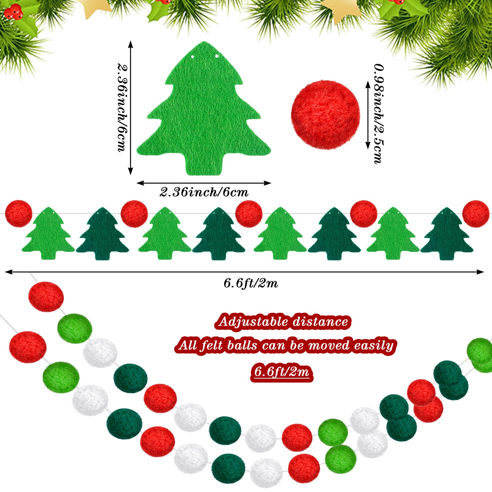 Preboun 5 Stück Weihnachten Filzball Girlande Weihnachtsbaum Pom Pom Girlande Bunte Filzkugeln Rot Weiß und Grün Pompon Perlen String Hängende Girlande Banner für Weihnachten Urlaub Wand Home Decor