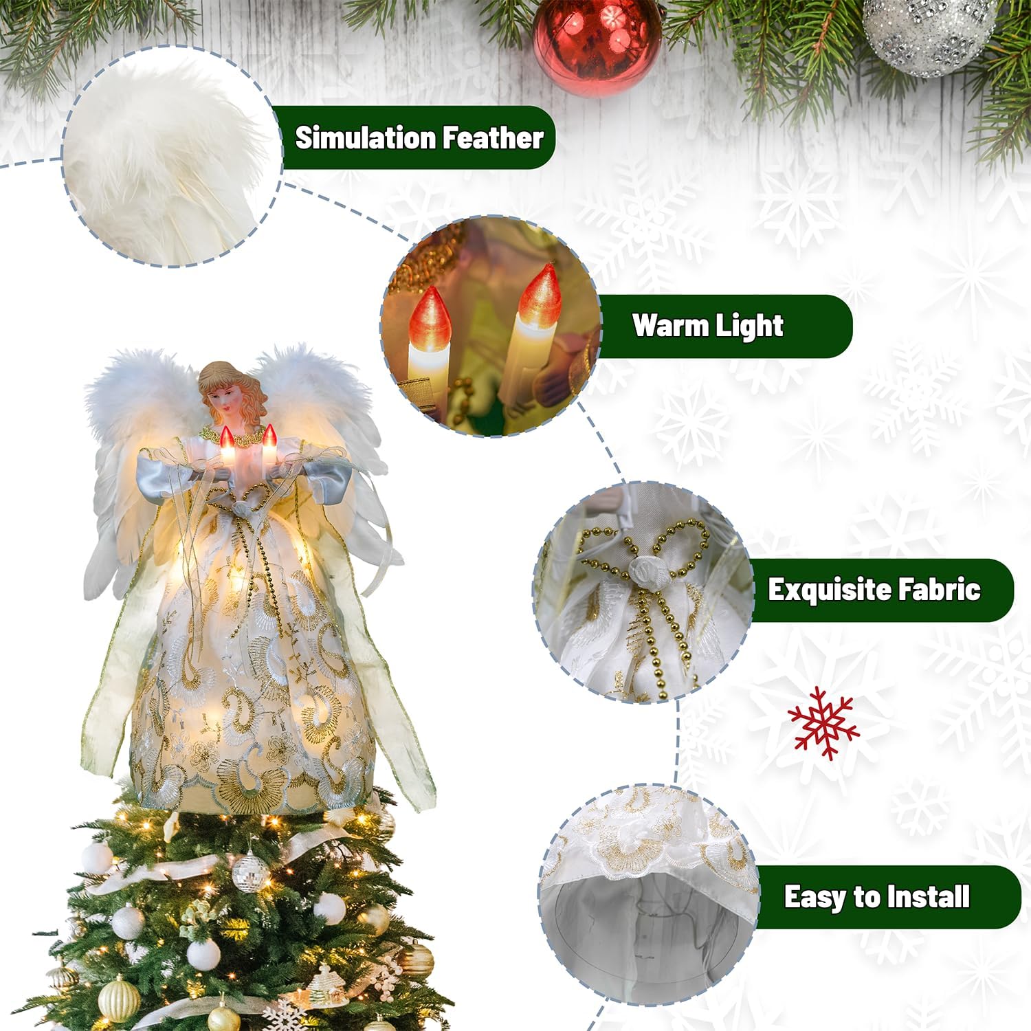 Decoración para árbol de ángel de Navidad con alas móviles, decoración navideña (marfil y dorado)