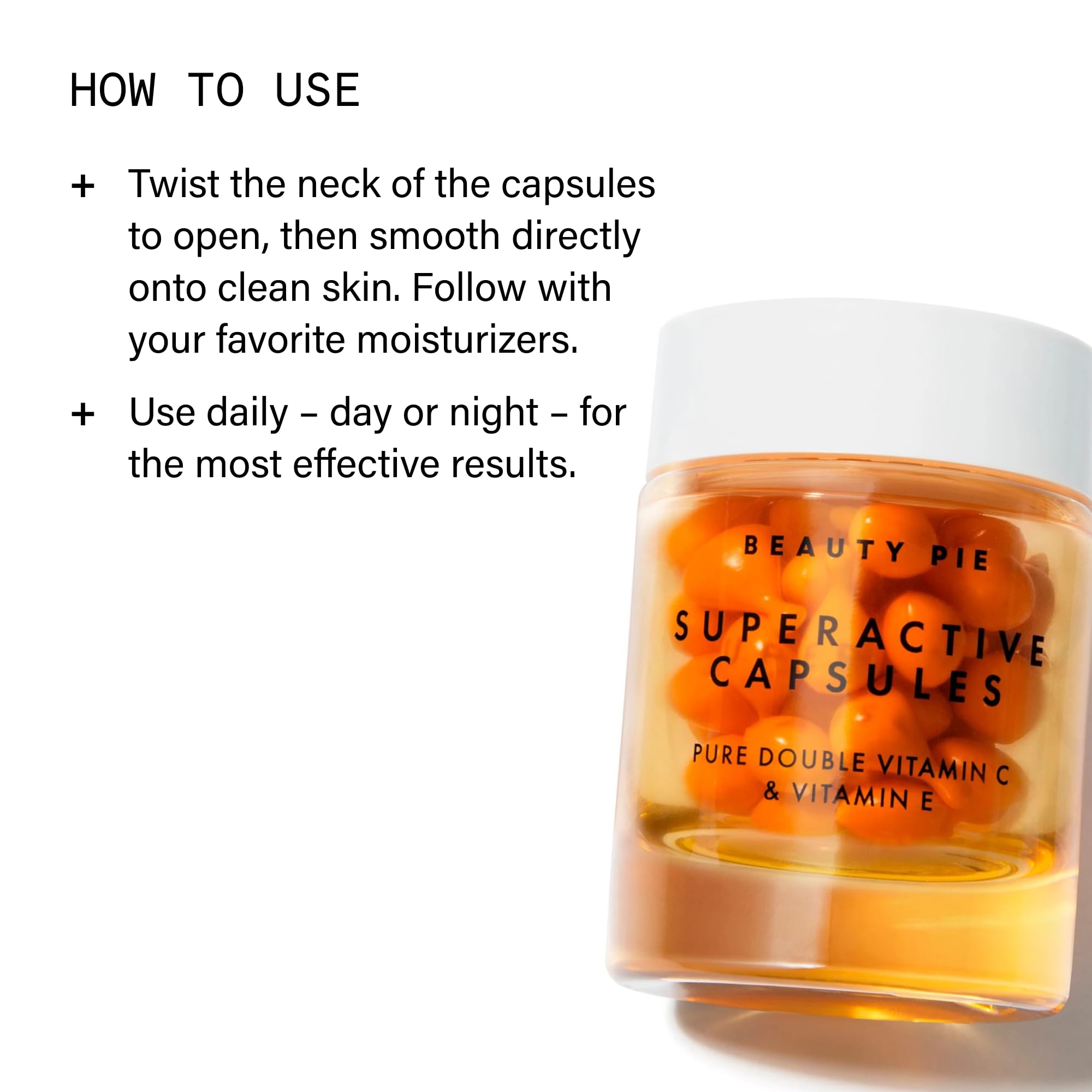 Beauty Pie Capsules superactives Pure Double vitamine C et vitamine E Sérum – Capsules antioxydantes éclaircissantes, raffermissantes « One-Shot » (60 pièces)