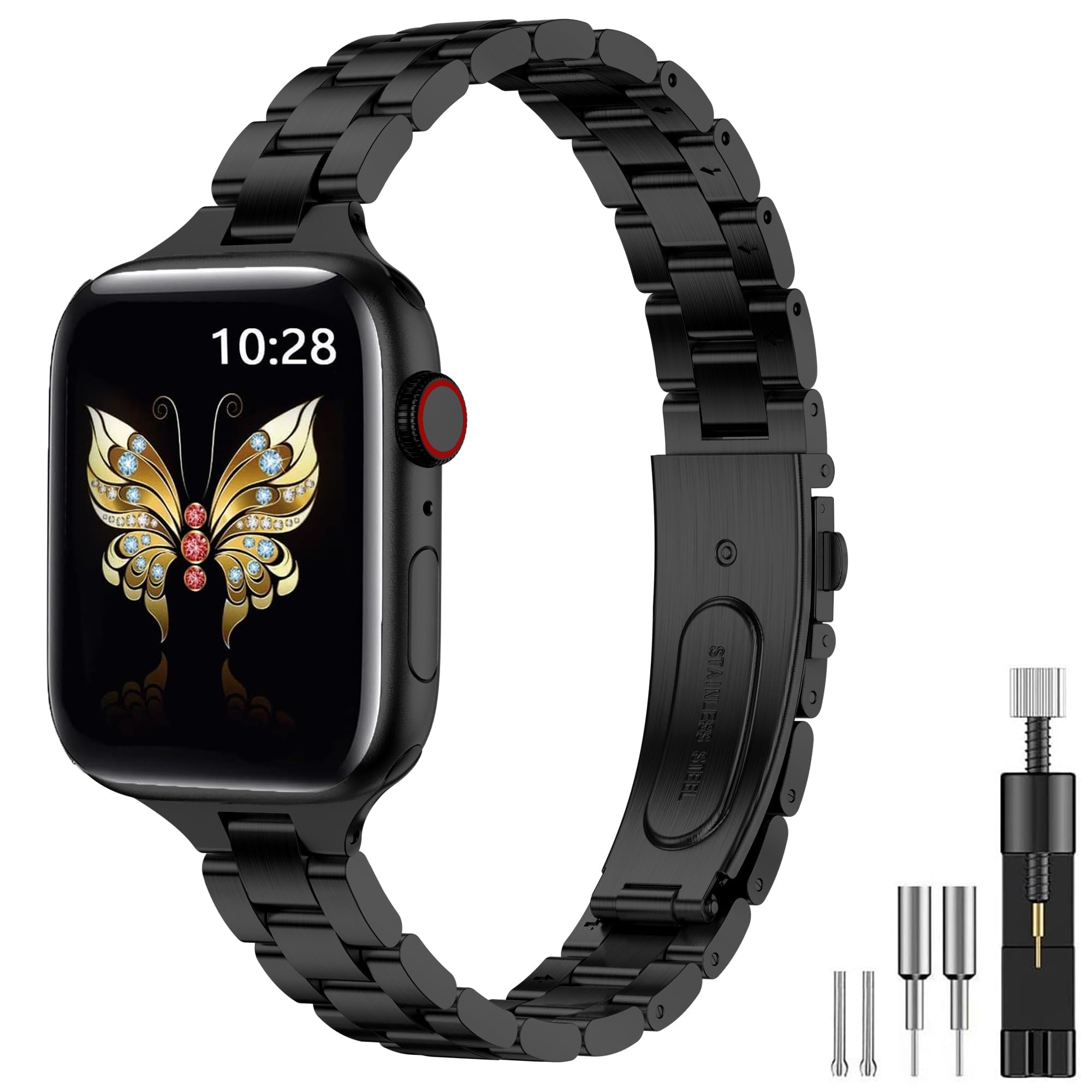 Damen Schlankes Metallarmband Kompatibel mit Apple Watch Armband 38mm 40mm 41mm 42mm 44mm 45mm 46mm 49mm, Edelstahl Armband mit Installationswerkzeug für iWatch Ultra 2, SE Serie 11/10/9/8/7/6/5/4