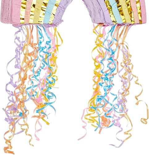 Miniatura 6 de BLUE PANDA Pinata arcoíris con cuerda de tiro, pequeña, 16.5 x 10 x 3 pulgadas, color pastel, mini piñata de cumpleaños para decoración de