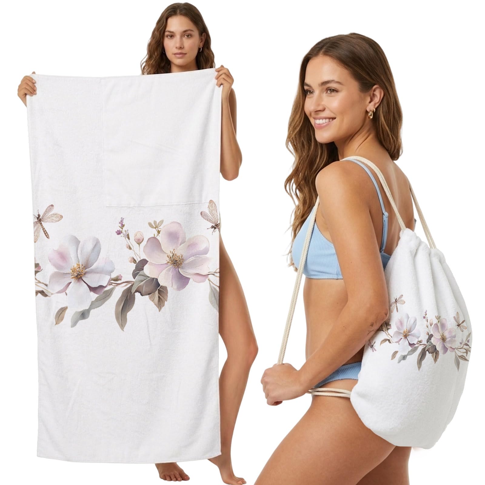 FWJZDSP Beach Towel Backpack Convertible Flowers Dragonfly Sand Free Quick Dry Towel Bag Watercolor Style Beach Towel with Adjustable Straps for Travel Swimming Pool Beach Accessories 31.5x63in