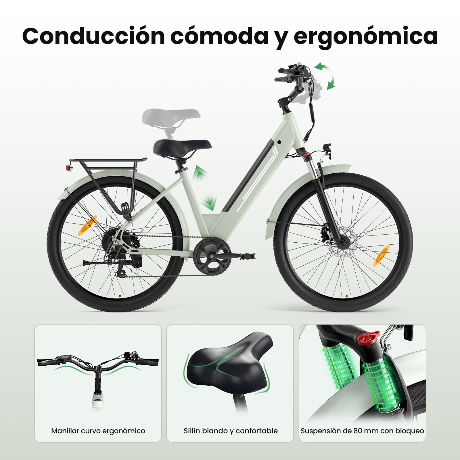 Bicicleta Eléctrica para Mujer 27,5", Motor 250W, Batería Extraíble 36V 15,6Ah hasta 100 km, Velocidad 25 km/h