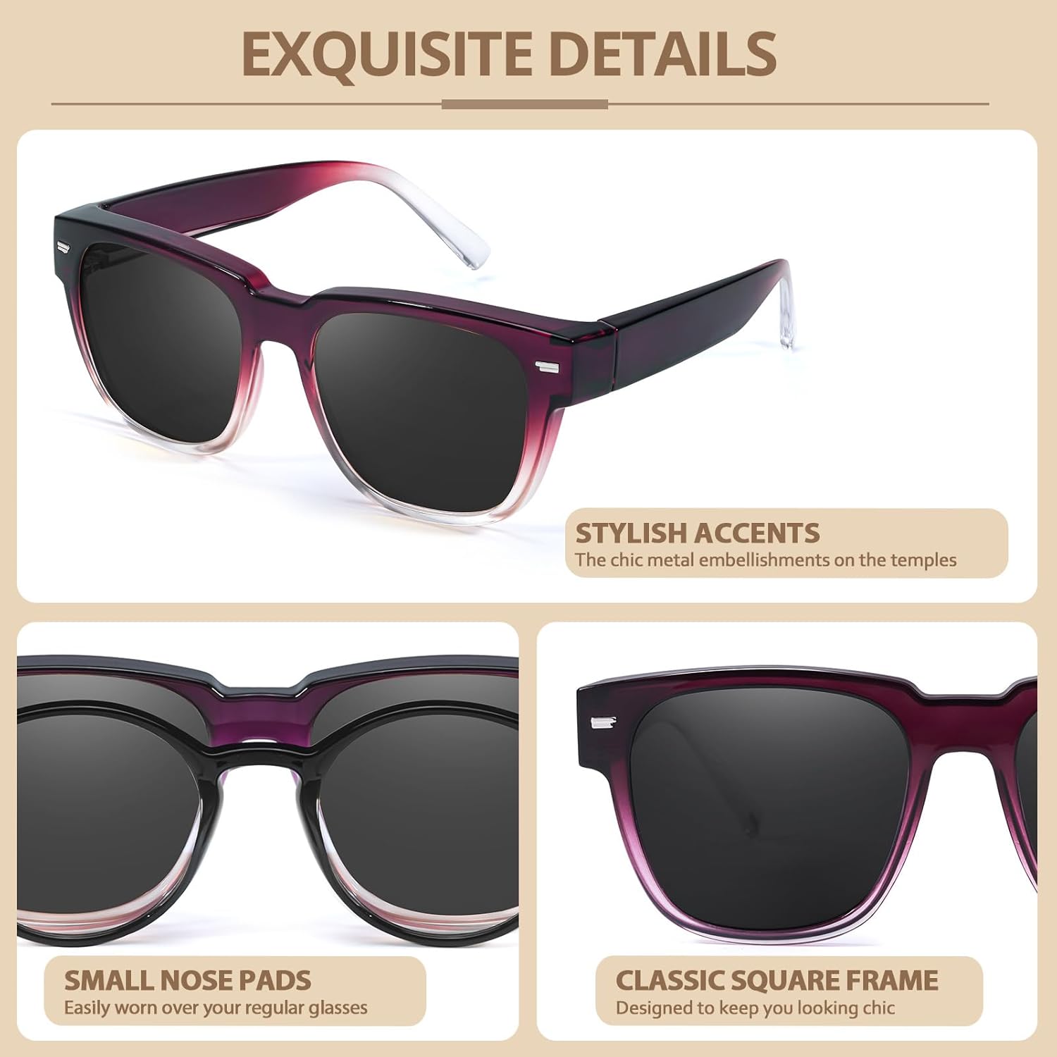 FIMILU 2PCS Polarized Sunglasses Fit Over Glasses for Women, Square Sunglasses for Driving & Outdoor UV400 Protection