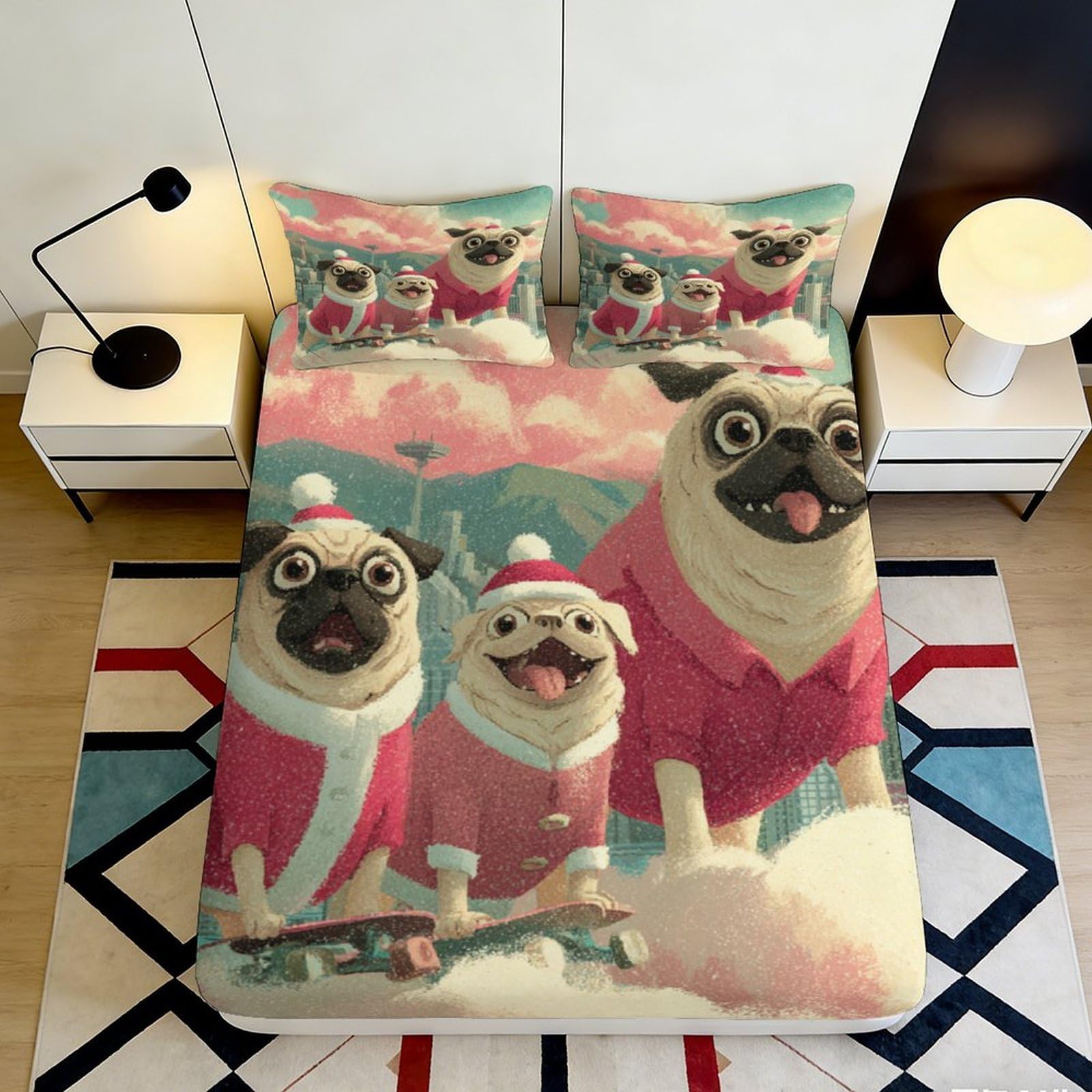 3D Printed Cartoon Pug Fitted Sheet Microfiber Soft Breathable Christmas Dog Bed Cover for Bedroom Guest Room Decor 90x200x25cm