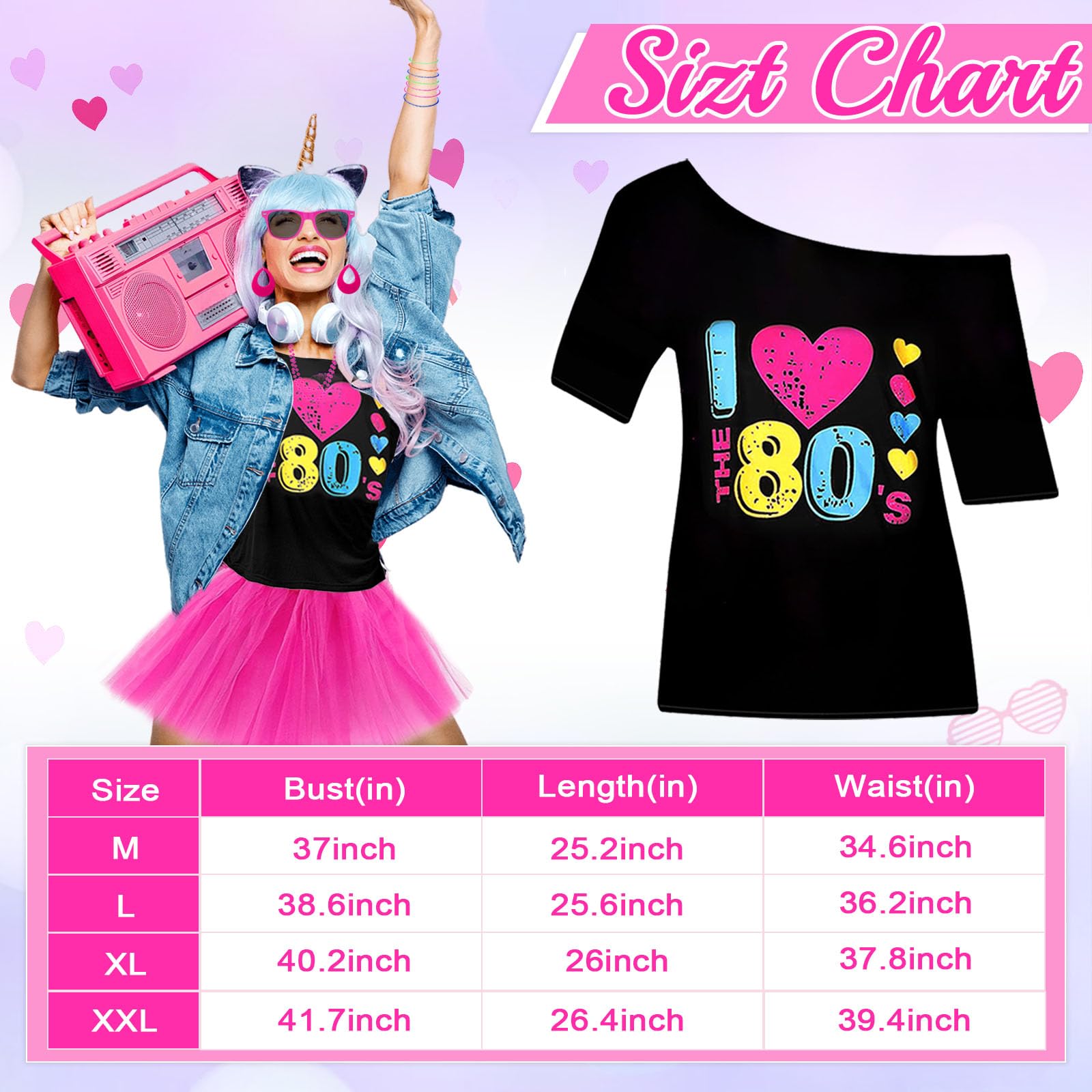 Ensemble d'accessoires de costume des années 80 pour femme avec t-shirt, jupe tutu, bandeau, boucles d'oreilles, collier, lunettes, bracelet, gants en résille et jambières pour fête rétro