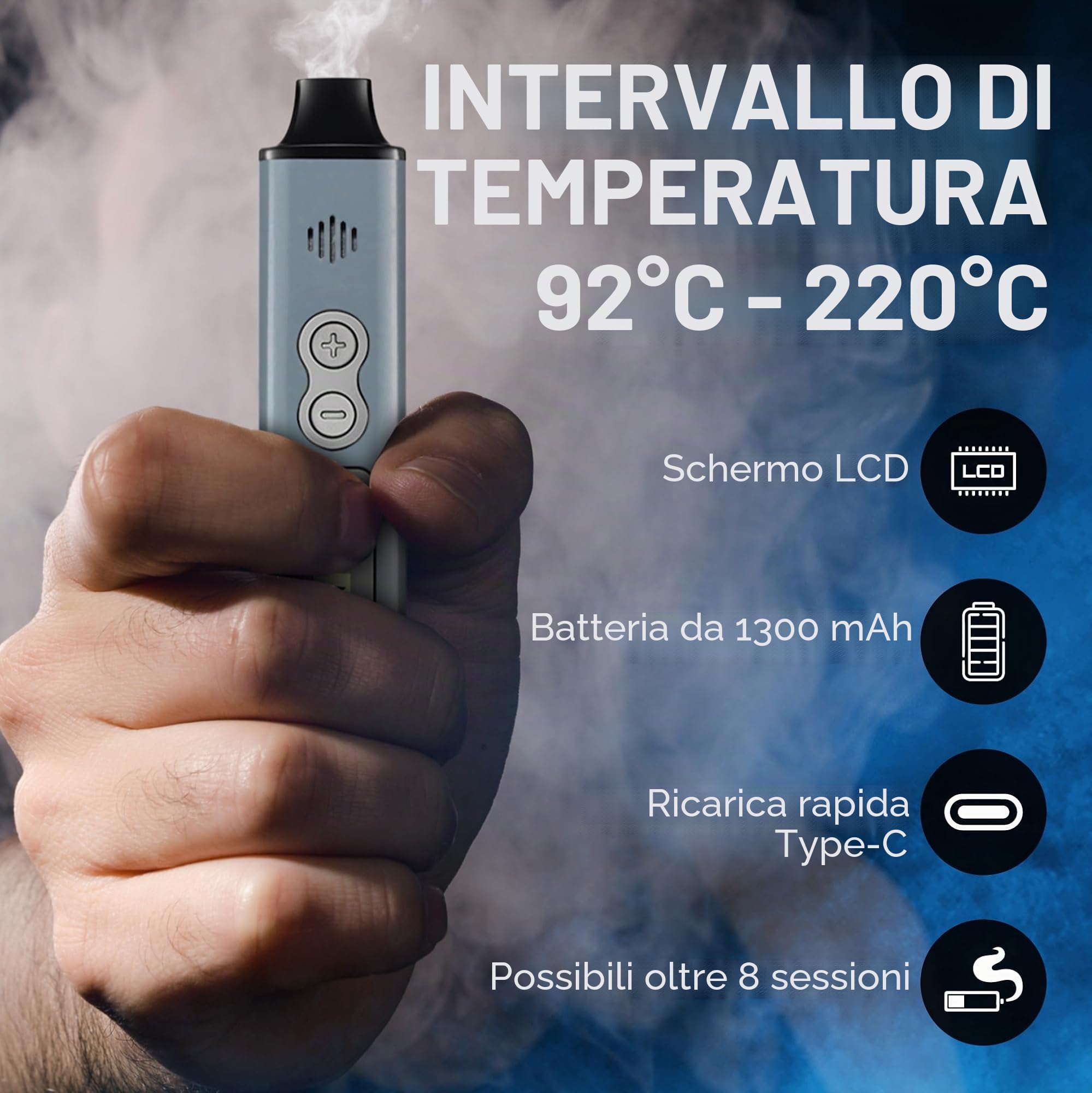 OVADA Vaporizzatore con Schermo | Controllo Temperatura Vapore Secco | Portatile Grande Intervallo Temperatura | Ricarica Rapida in Ceramica | Vapore Erbe (Grigio)