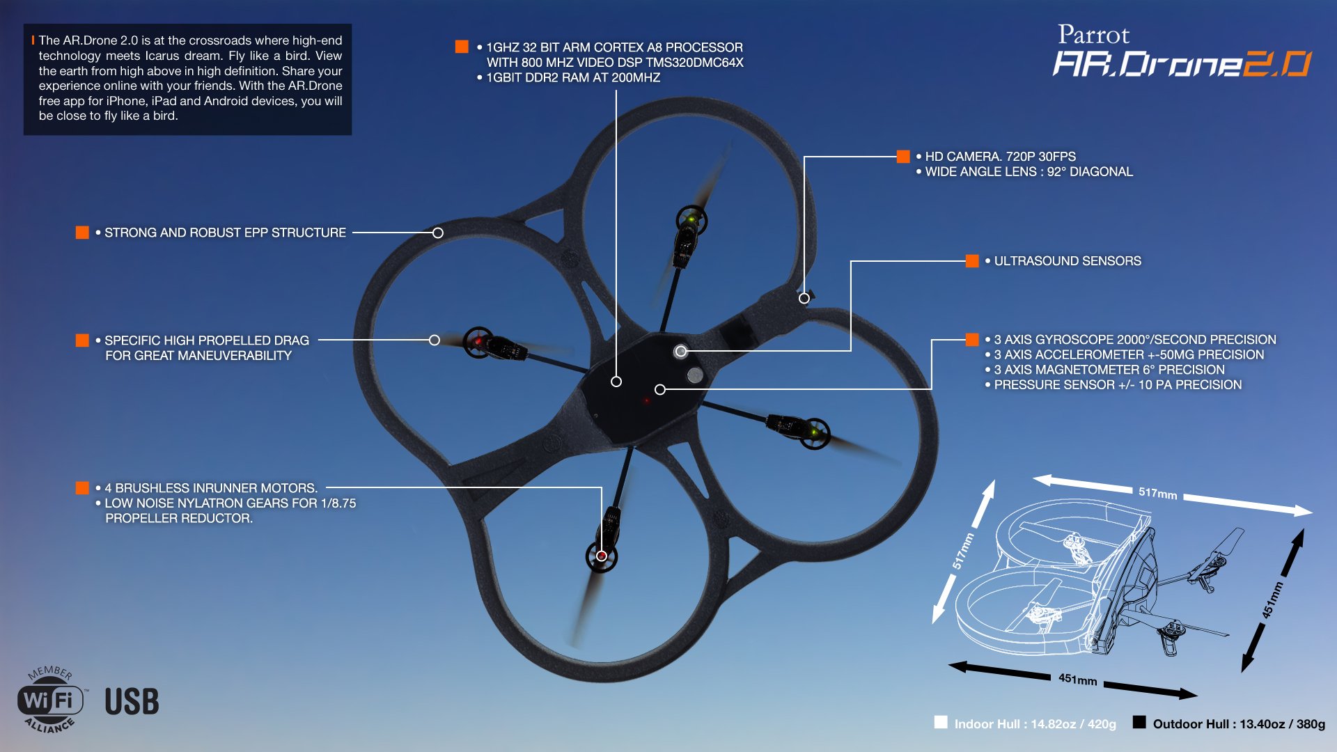 Parrot AR.DRONE 2.0 Quadricottero, Blu/Arancione