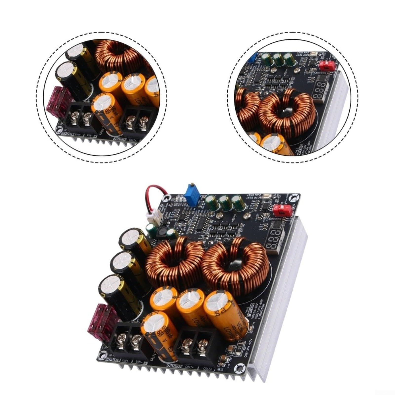 Convertidor de impulso de 1200 W, módulo de alimentación ajustable de 50 A, para potenciador de audio, diseños de inductor dual, con protección contra sobrecorriente, entrada CC 10-30 V a