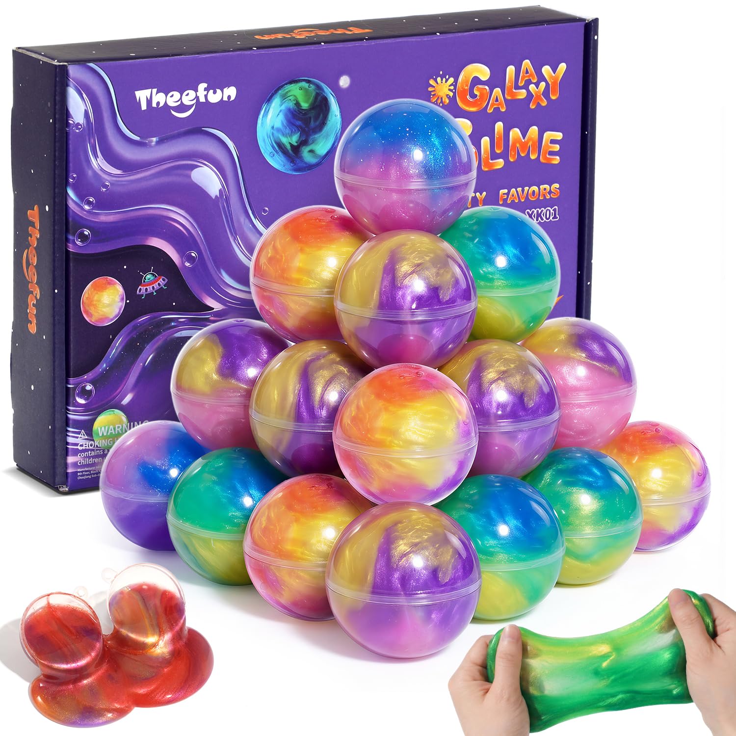Theefun 24 Pack Galaxy Slime Kit for Kids, Non-Sticky Mess-Free Slime Balls, Stretchy Sensory Stress Relief Toys, Party Bag Fillers Classroom Rewards for Boys & Girls