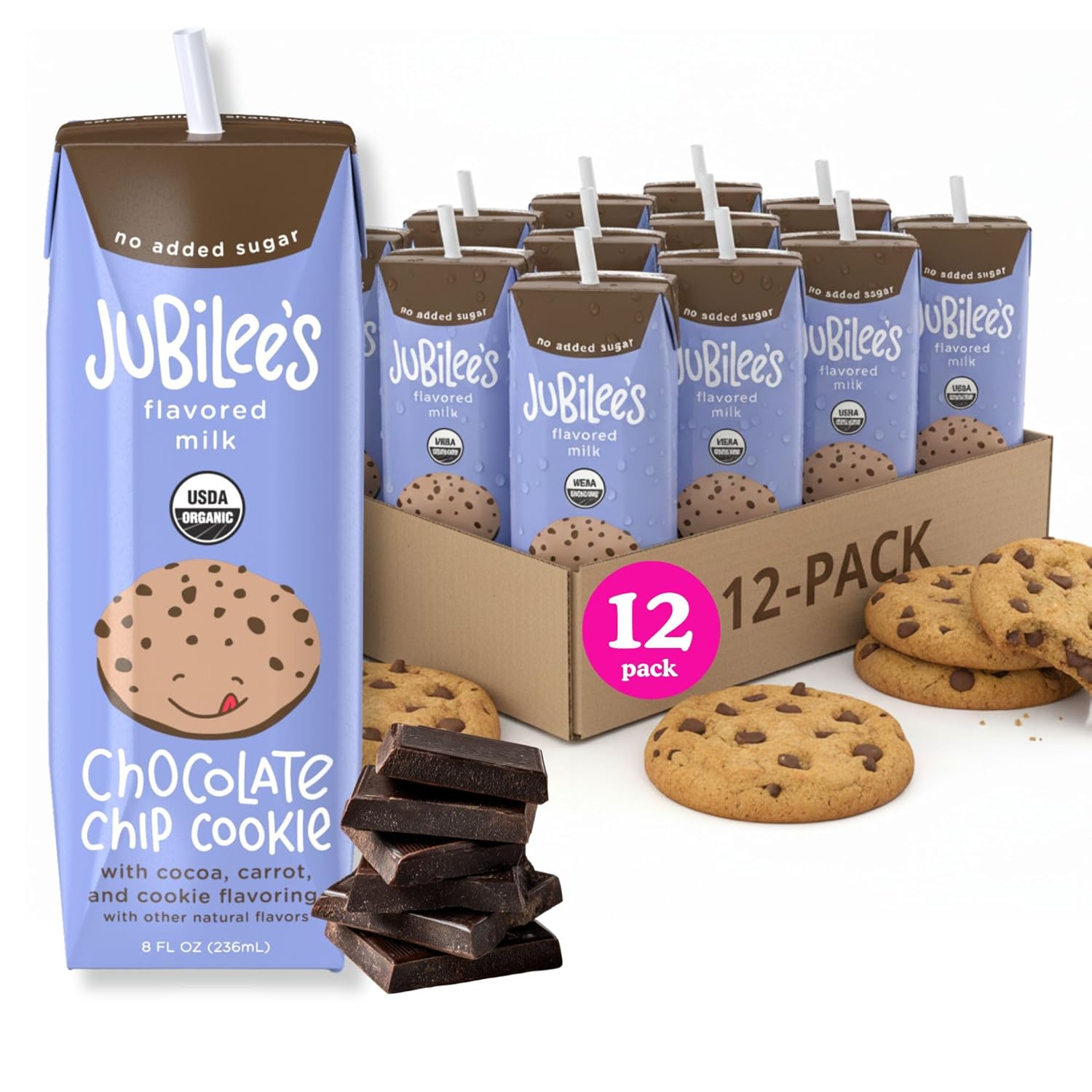 Jubilee’s Organic Shelf-Stable, High Protein Milk Boxes for Kids, Chocolate Chip Cookie Flavor, Zero Added Sugar, Individual 8 oz Drink (12 Pack)