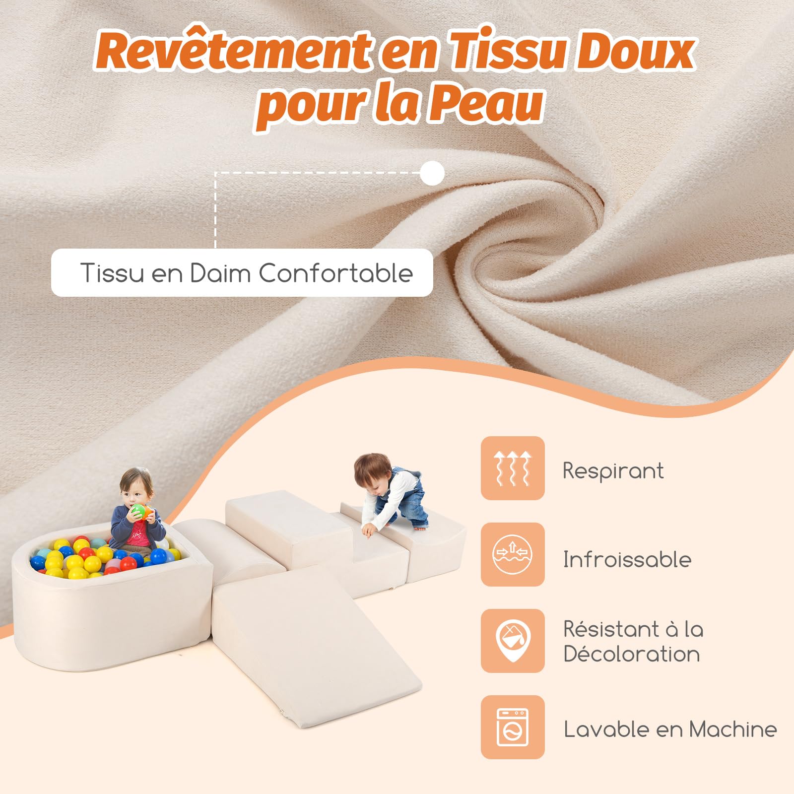 DREAMADE 5 x Baby Motor Skills Course with Washable Cover, Building Blocks with Ball Pool, Motor Skills Module for Children 3+ Years, Without Balls (Beige) - 3