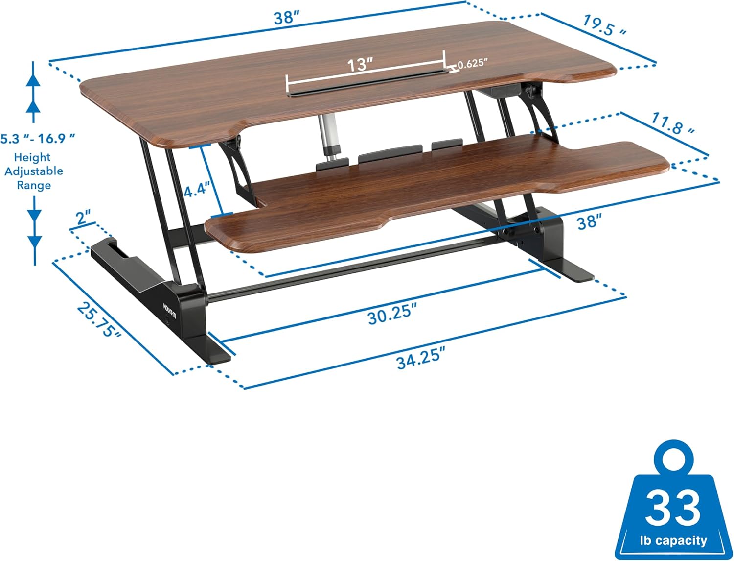 Mount-It! Electric Standing Desk Converter with 38" Tabletop, Height Adjustable Desk Riser, Motorized Desk Riser with Keyboard Tray and Device Slot, Fits Monitor & Laptop, Dark Walnut