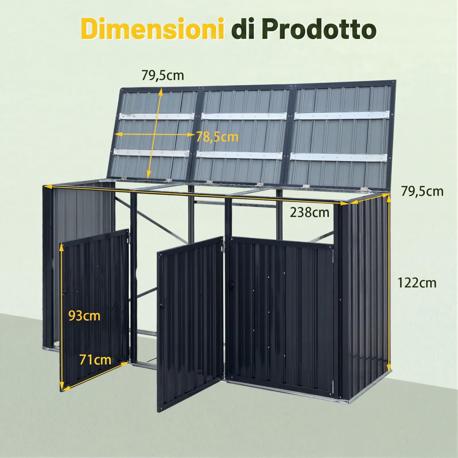 COSTWAY Copribidone Spazzatura Esterno 3 Scomparti con Porta Bloccabili | Contenitore per Raccolta Differenziata in Acciaio Zincato con Coperchi Apribili, da Giardino e Cortile 238 x 79,5 x 122 cm