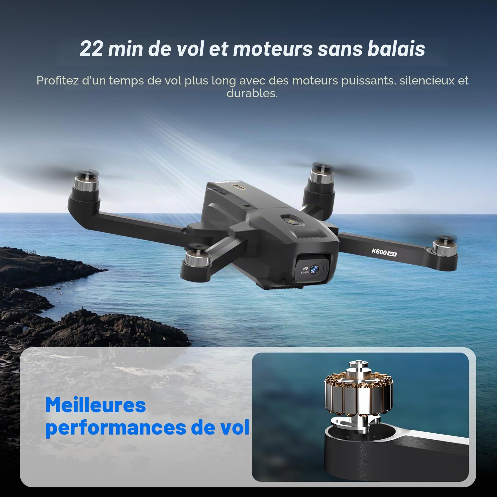 K600GPS Drone avec Caméra 1080P, Écran FPV 4,5", Retour Automatique à la Maison, Follow Me, Quadricoptère Télécommandé Pliable pour Adultes et Enfants Débutants, Autonomie de Vol de 22 Minutes