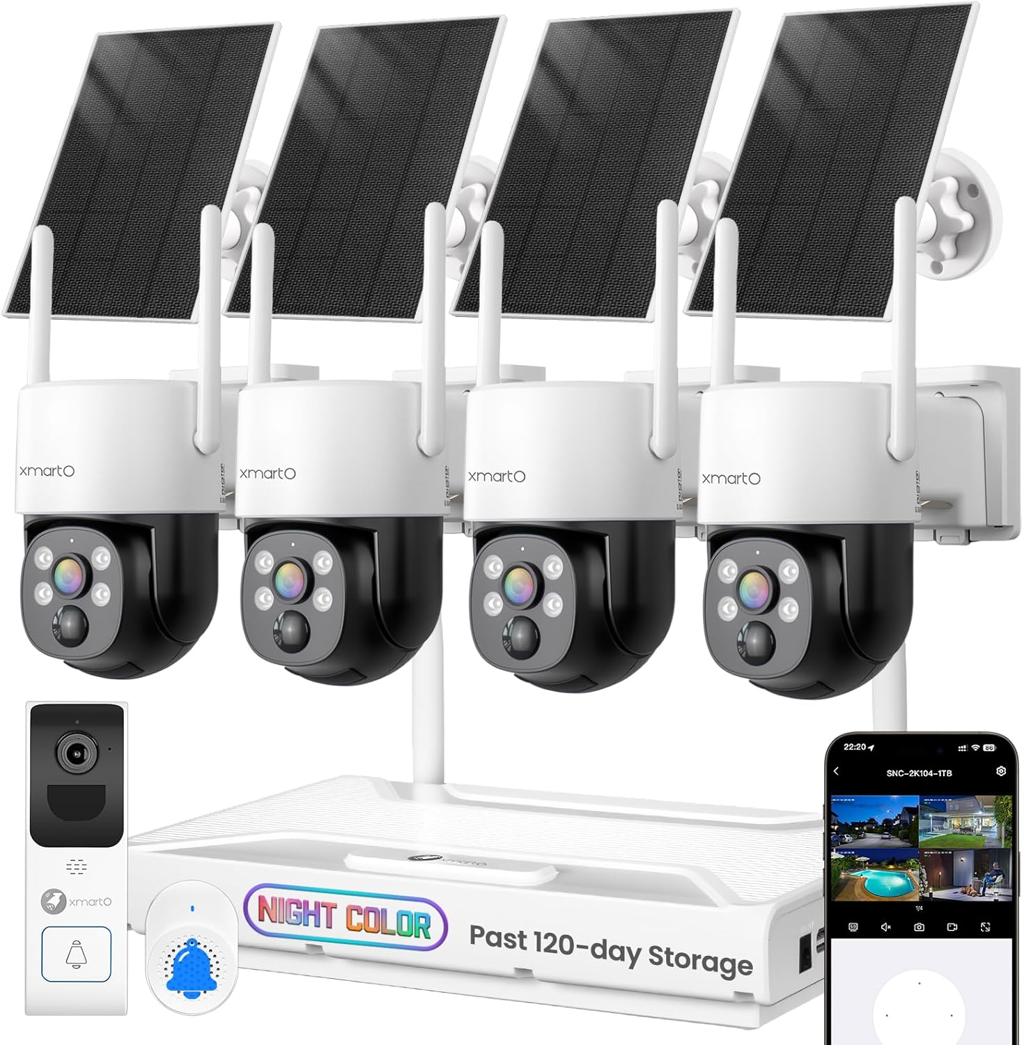 [Doorbell + 4-CAM] XMARTO Wire-Free Solar PTZ Security Camera System & Video Doorbell Bundle, 2K 0-Light Night Color Vision, WiFi 6 Wireless 4MP HD Cam, 10CH 4K NVR (120-Day Storage), No Monthly Fee