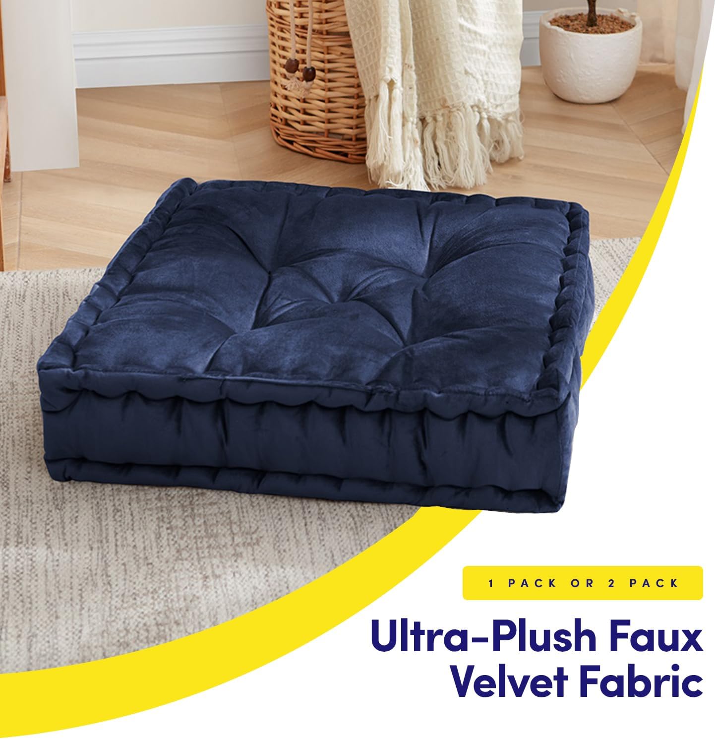 Floor Pillow Large Square Tufted Decorative Cushion 20" x 20" Faux Velvet Fabric Ultra Thick Fill for Kids and Adults, 1 Pack, Navy