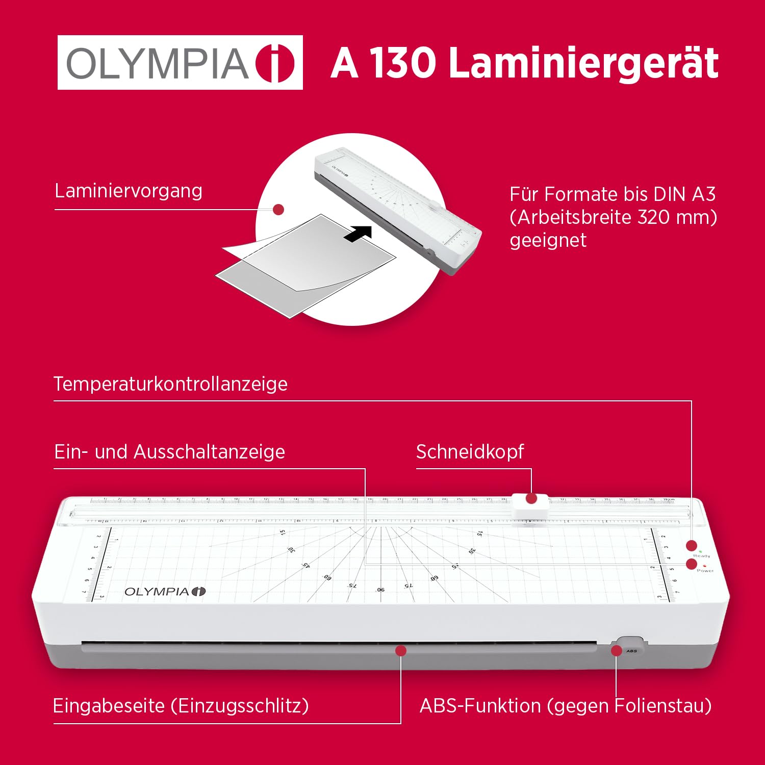 OLYMPIA A130 Combo Laminadora A3, compacta, con cortadora integrada, para plastificar películas de 80 a 125 micras | Laminadora DIN A3 y plastificadoras | Laminadora