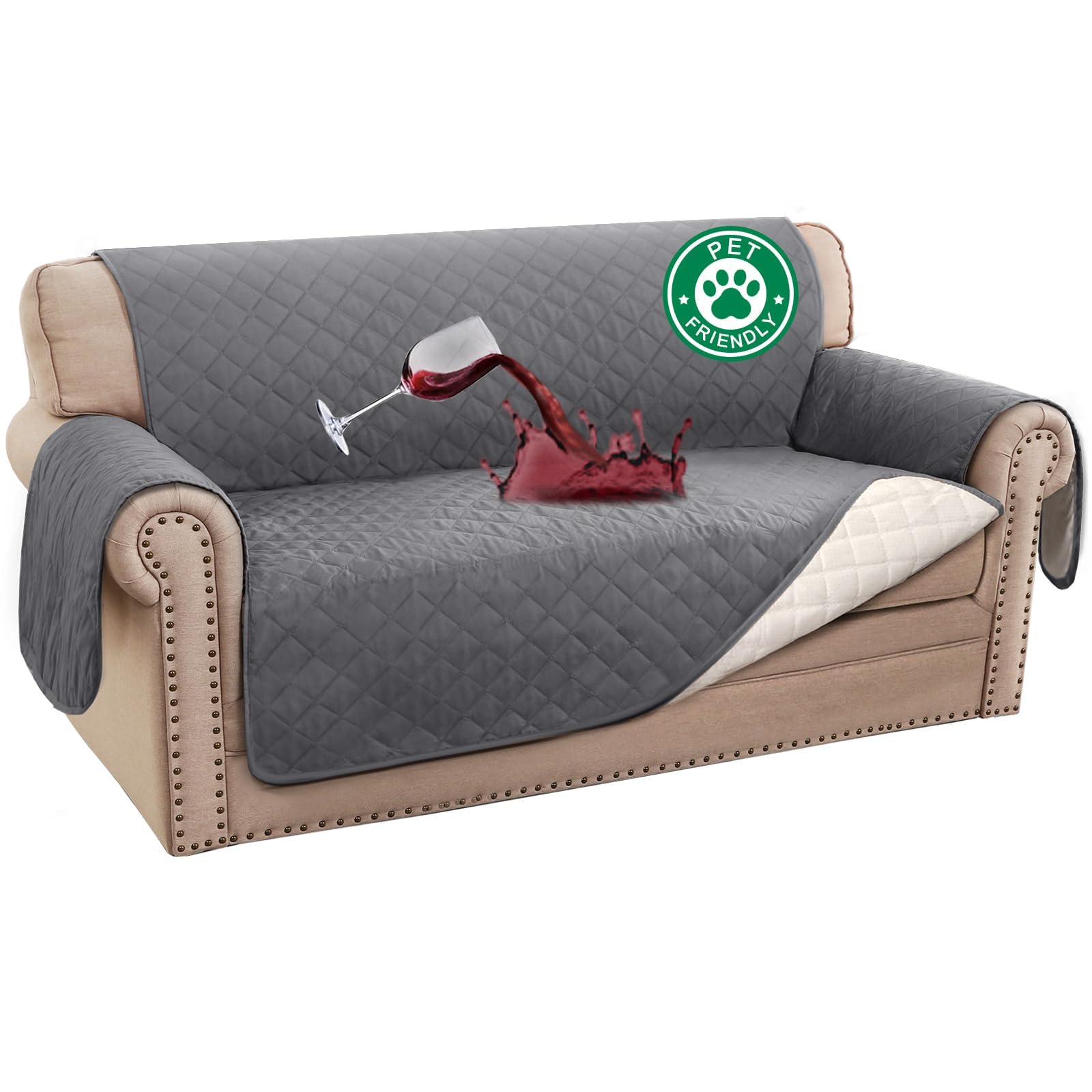 BellaHills Sofa Cover 100% Waterproof Sofa Covers 2 seater Couch Covers Sofa Slipcovers with Elastic Straps Triple Non-Slip Loveseat Sofa Cover Furniture Protector for Kids (Loveseat 47", Grey)