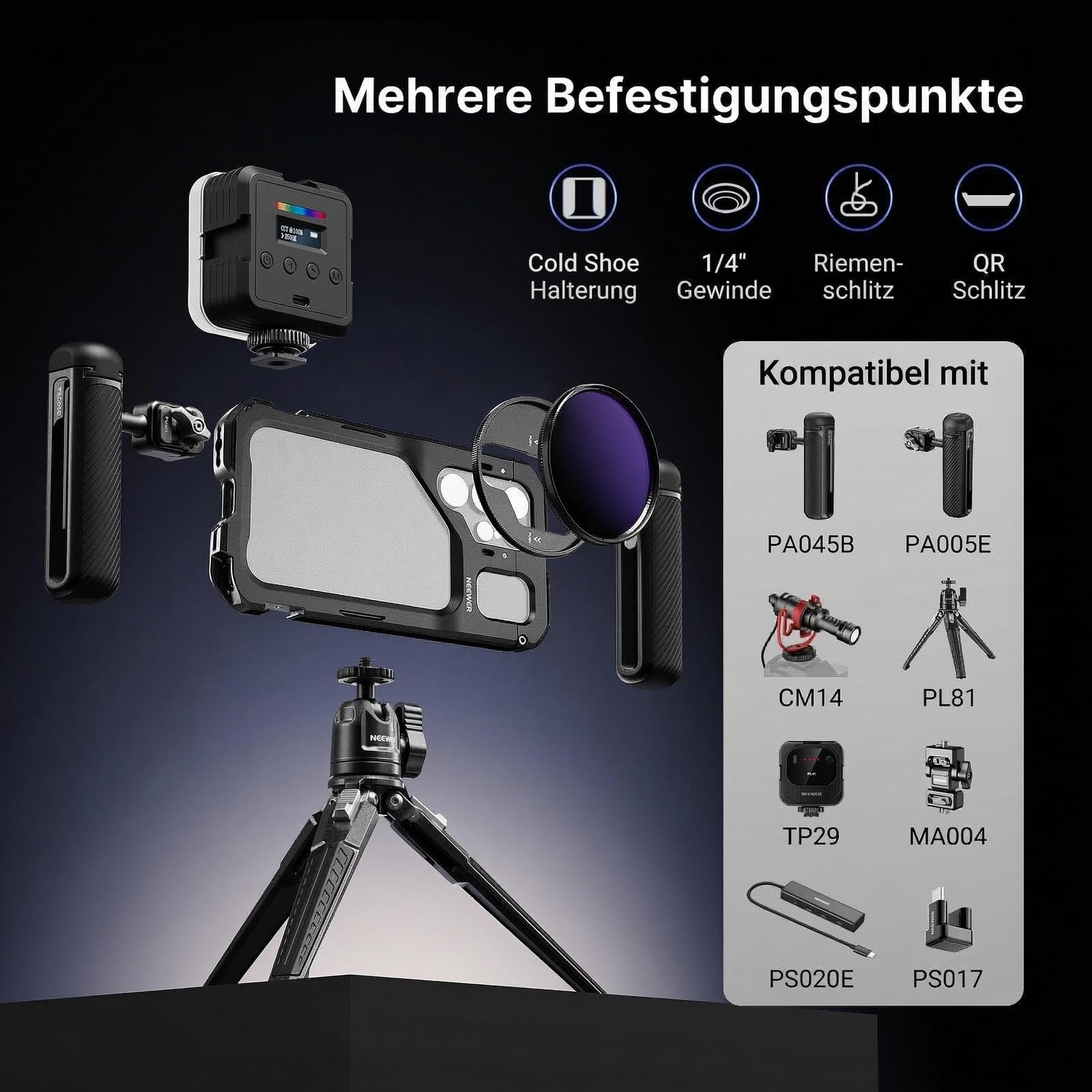 NEEWER S26 Ultra Smartphone Käfig Cage, Handy Video Rig Stabilisator Vlog Set mit 3x Rückplatte für 67mm Filter, 17mm Handyobjektiv und T Mount Lens, nur kompatibel mit Samsung Galaxy S26 Ultra, PA182