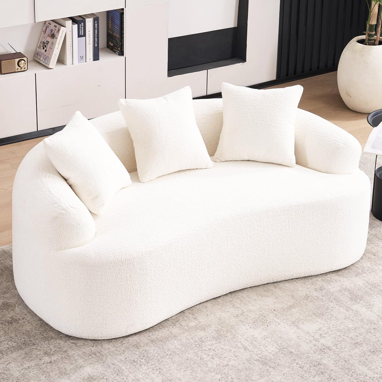 65” Cloud White Curved Couch& Loveseat Sofa with 3 Pillows, Compression Couch with Round Armrest, Suitable for Small Space, Bedroom, Living Room, Memory Foam, Chenille, No Assembly (Cloud White)